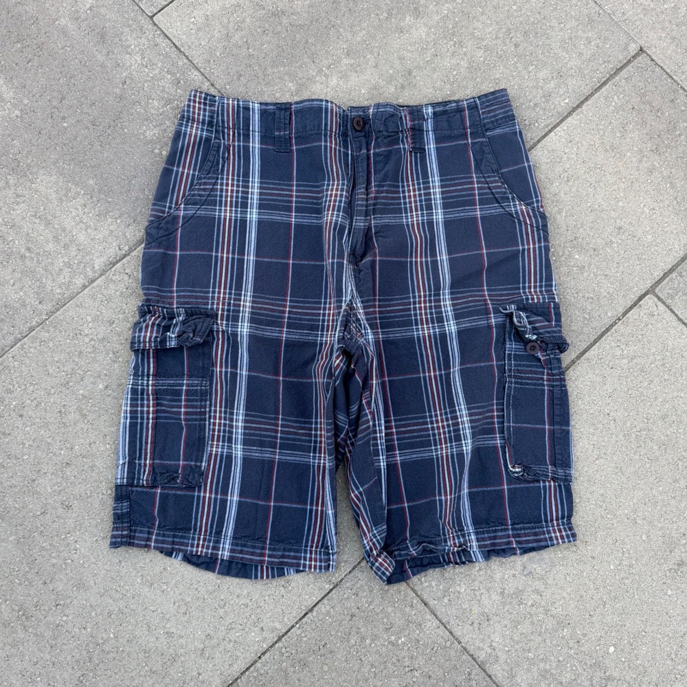 Airwalk Mens Navy Blue Plaid Cargo Shorts Size 34 Skate Casual Utility Pocket